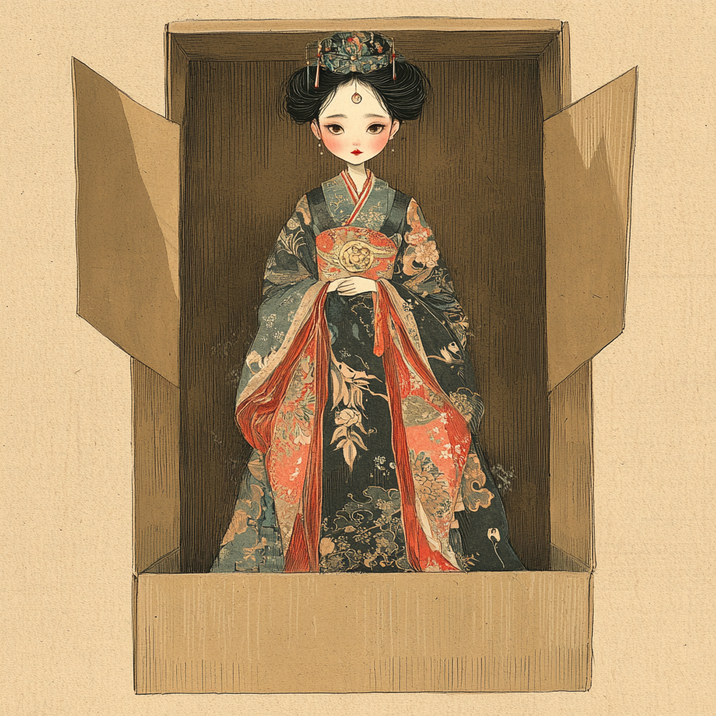 A porcelain doll in ornate robe inside box.