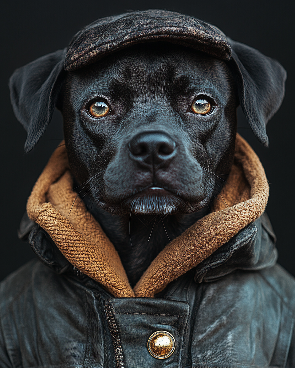 A portrait of a stylish dog in urban fashion.