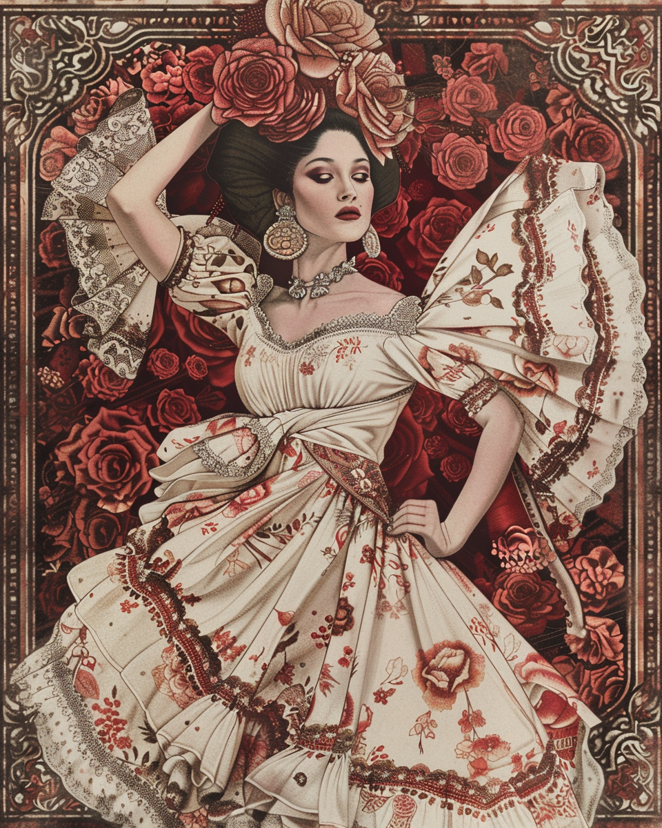 A poster of geisha and Mexican dancer fusion