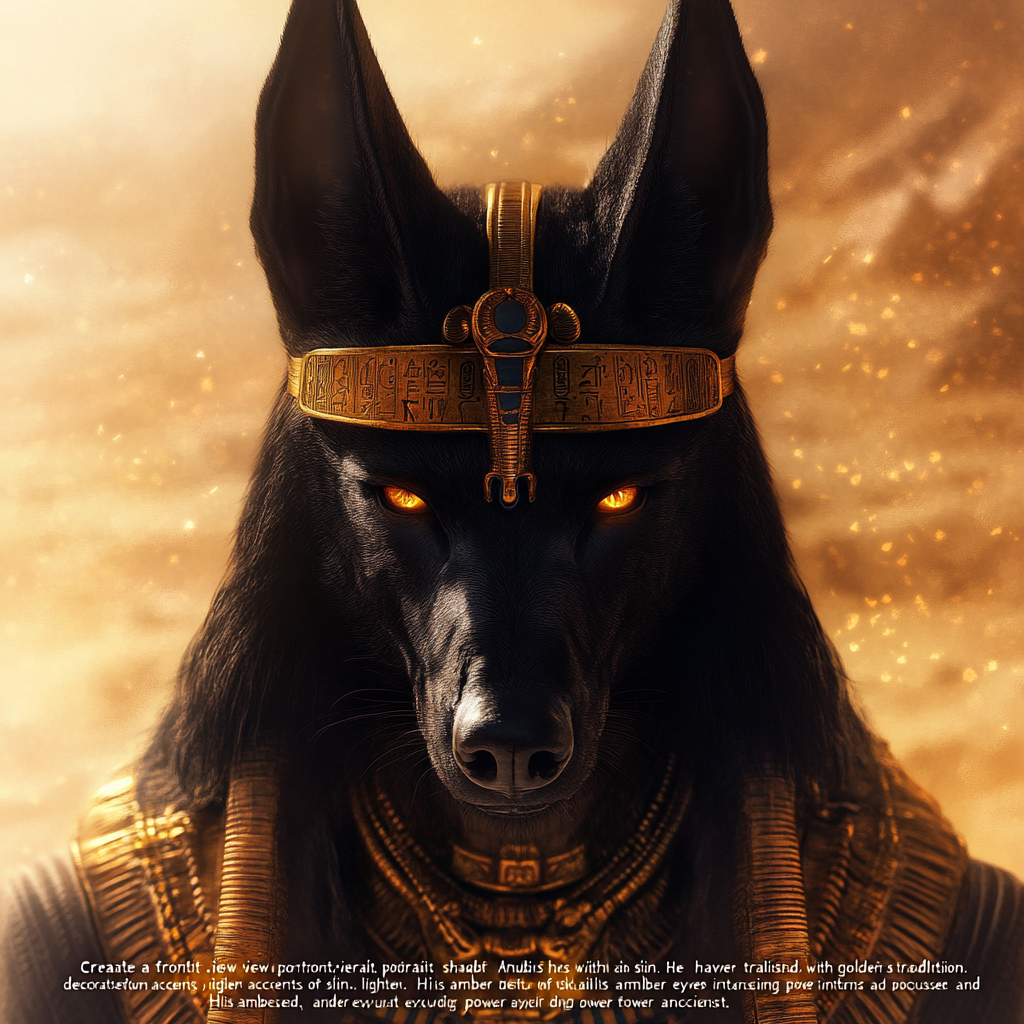 A powerful Anubis stands in ancient desert.