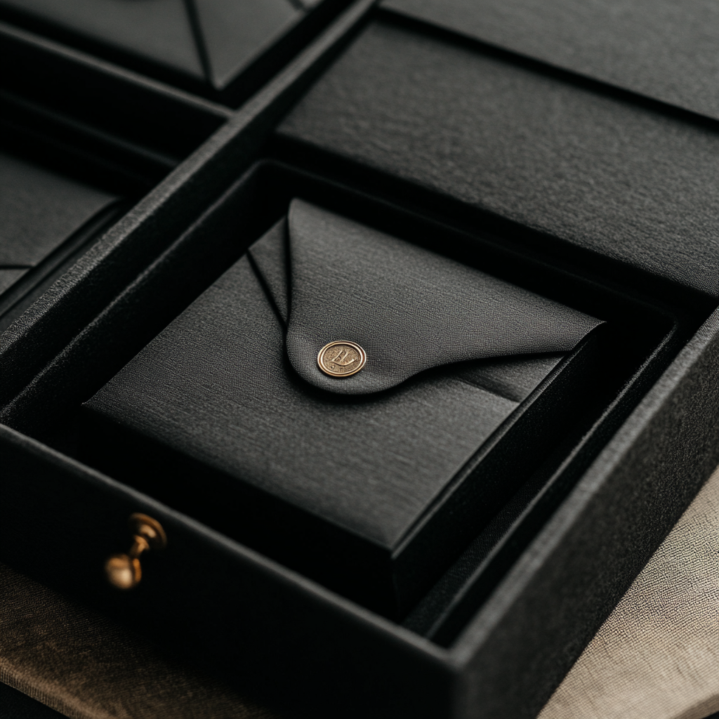 A premium black box lid with attached letter.