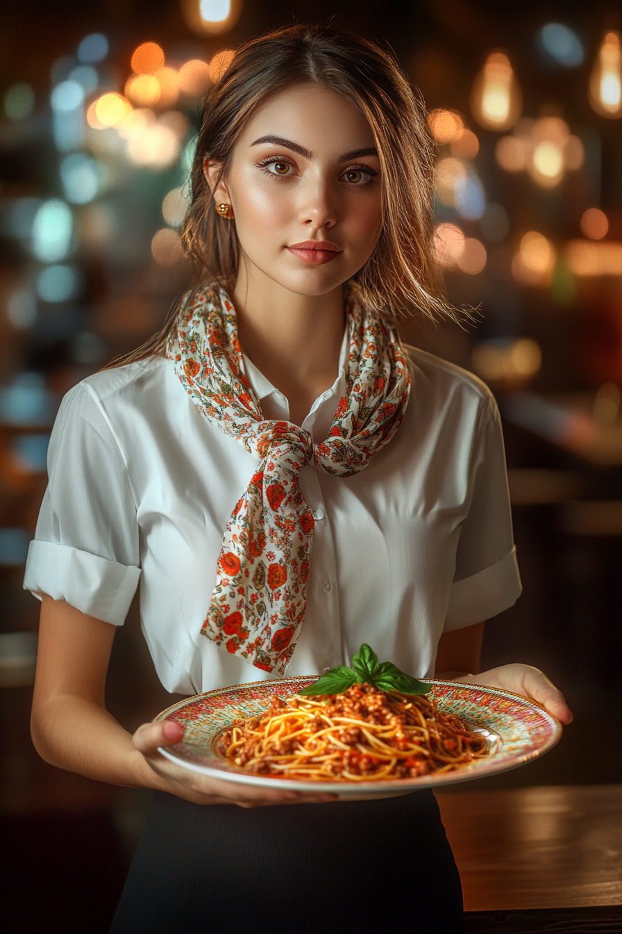 A pretty Italian waitress serving spaghetti bolognese.