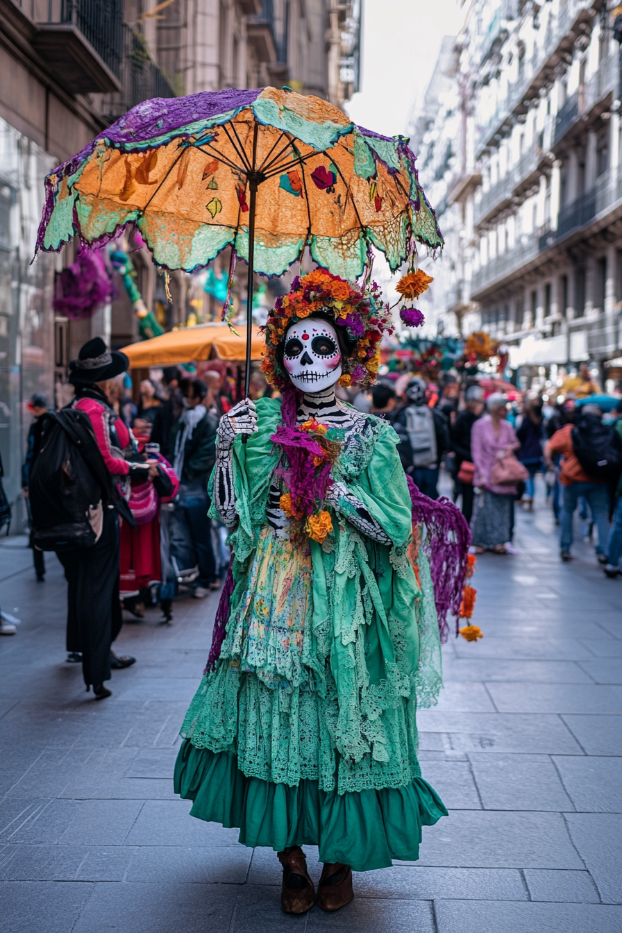 A pretty young girl in green Catrina costume