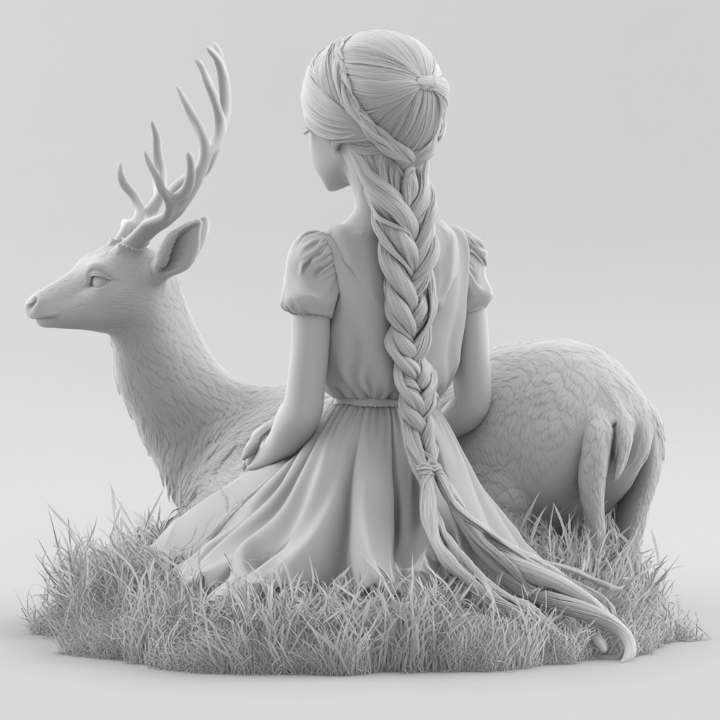 A princess braiding her hair, watching a deer