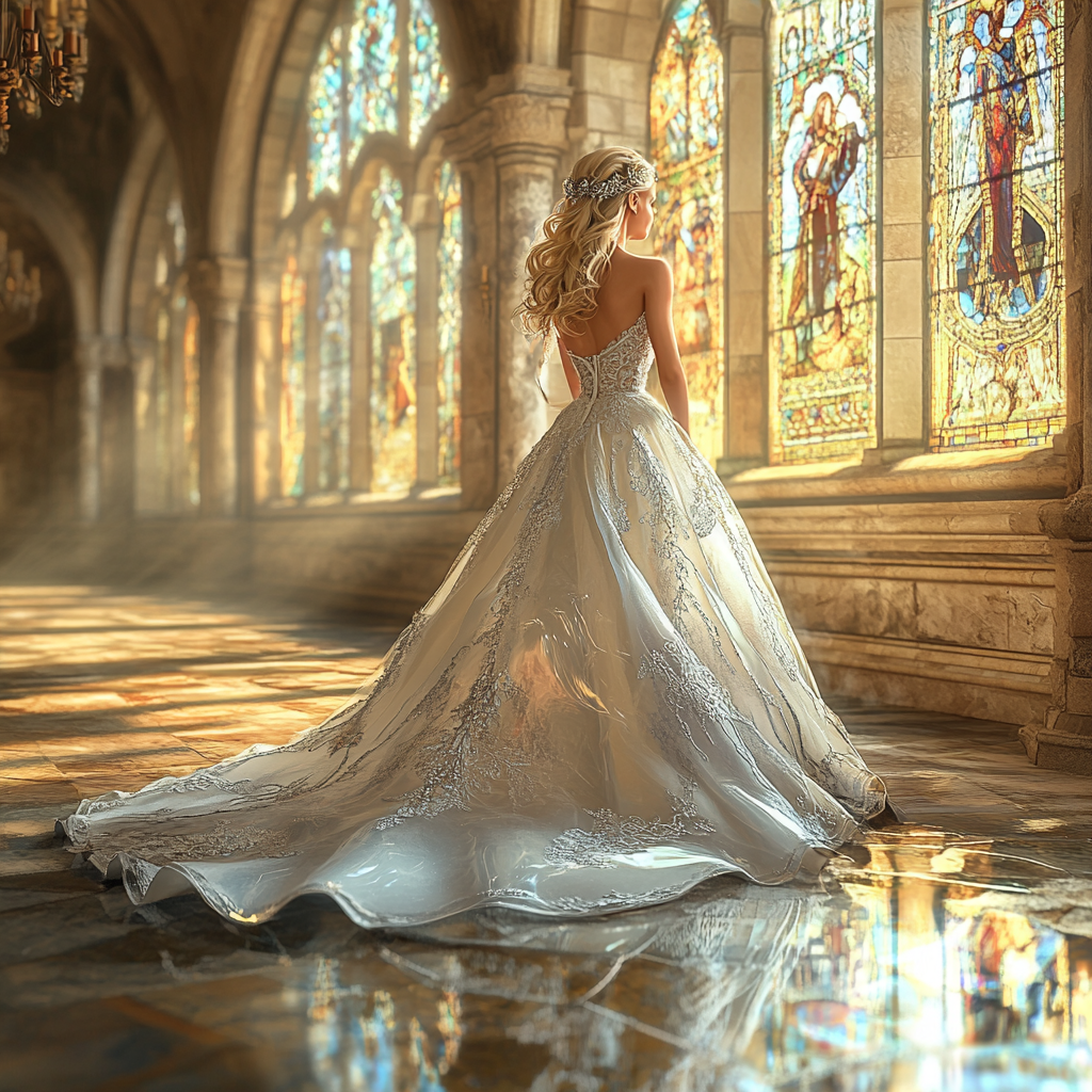 A princess in a white gown stands in a castle hall.