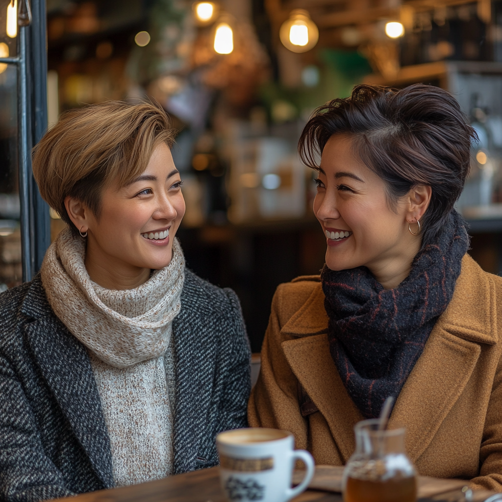 A professional Asian woman and senior partner in a coffee shop