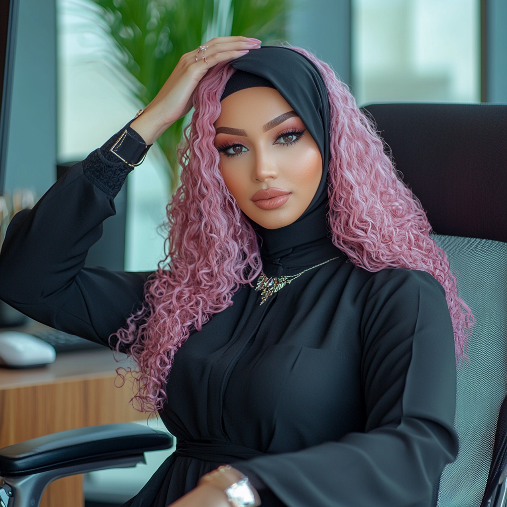 A professional woman taking selfie in office chair.