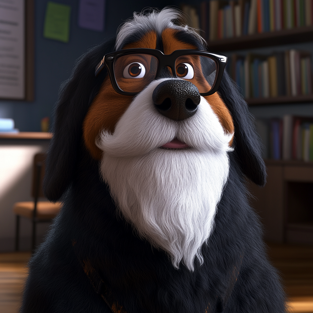 A professor Bernese Mountain Dog with 3D glasses.