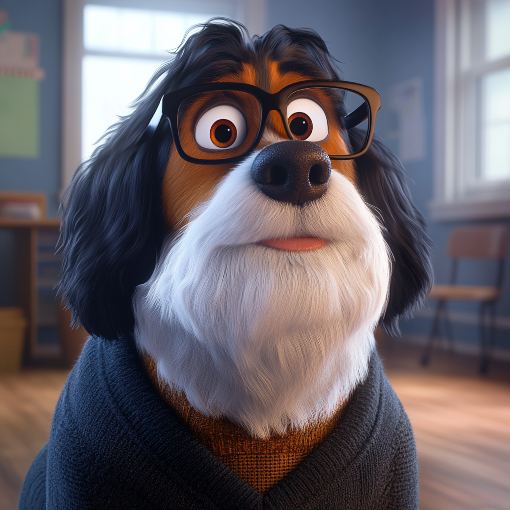 A professor Bernese Mountain Dog with puppy eyes.