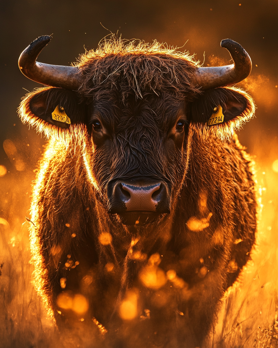 A proud bull captured in detailed golden light