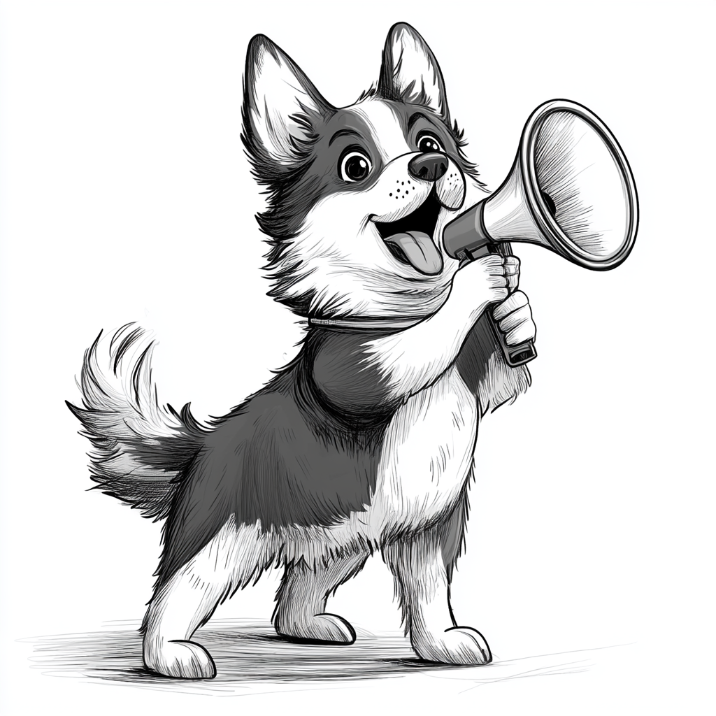 A proud cartoon dog motivates with megaphone.