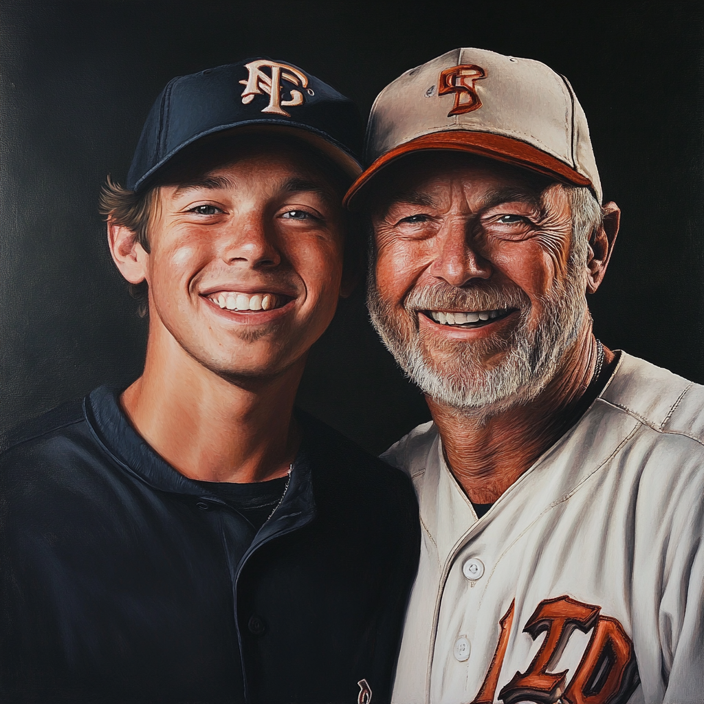 A proud older father and son in portrait, happy.