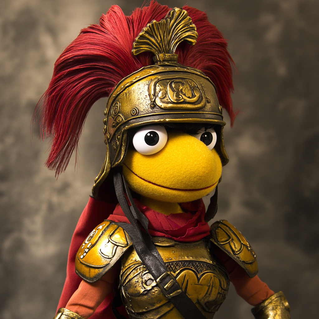 A puppet of Lady Sparta in Spartan armor.