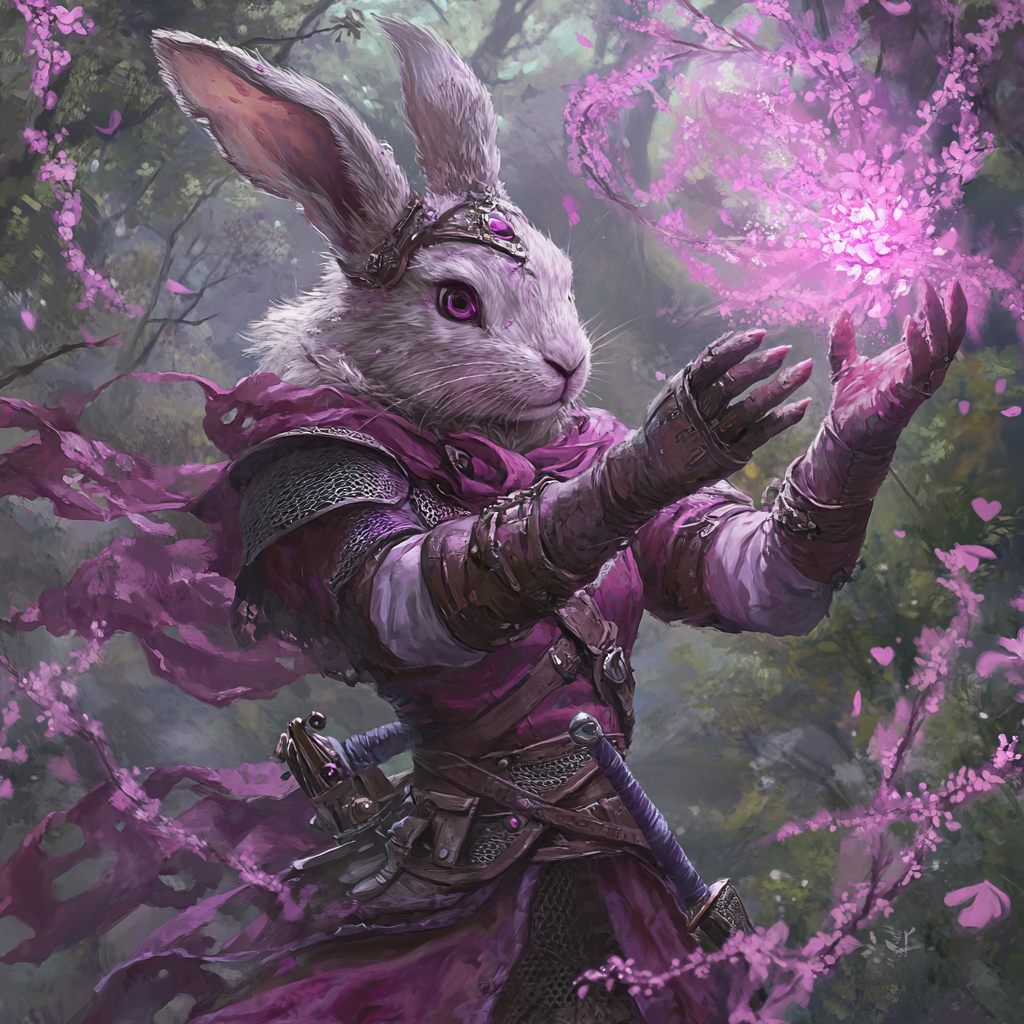 A rabbit girl casting pink blossom magic surrounded by brambles.