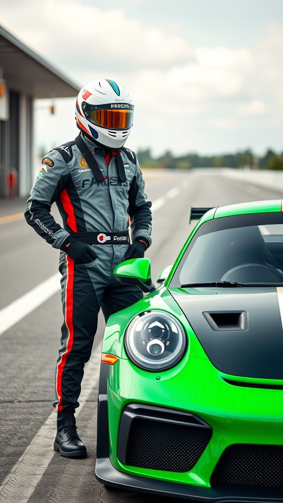 A race car driver next to a green Porche.