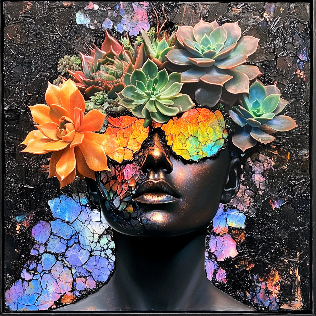 A radiant woman with succulent garden head reflection