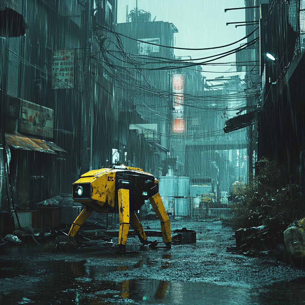 A rainy cyberpunk city after a war, drone surveillance.