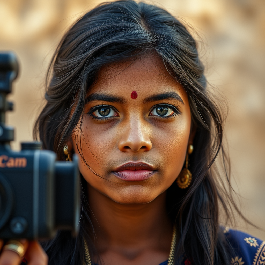 A realistic Indian girl looking at the camera.