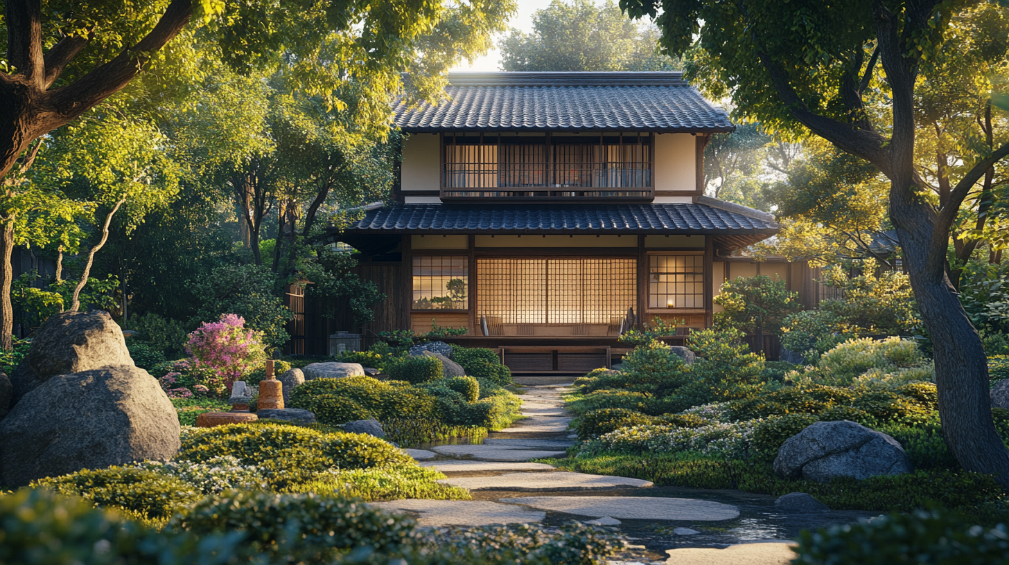 A realistic Japanese house with engawa, nature scene.