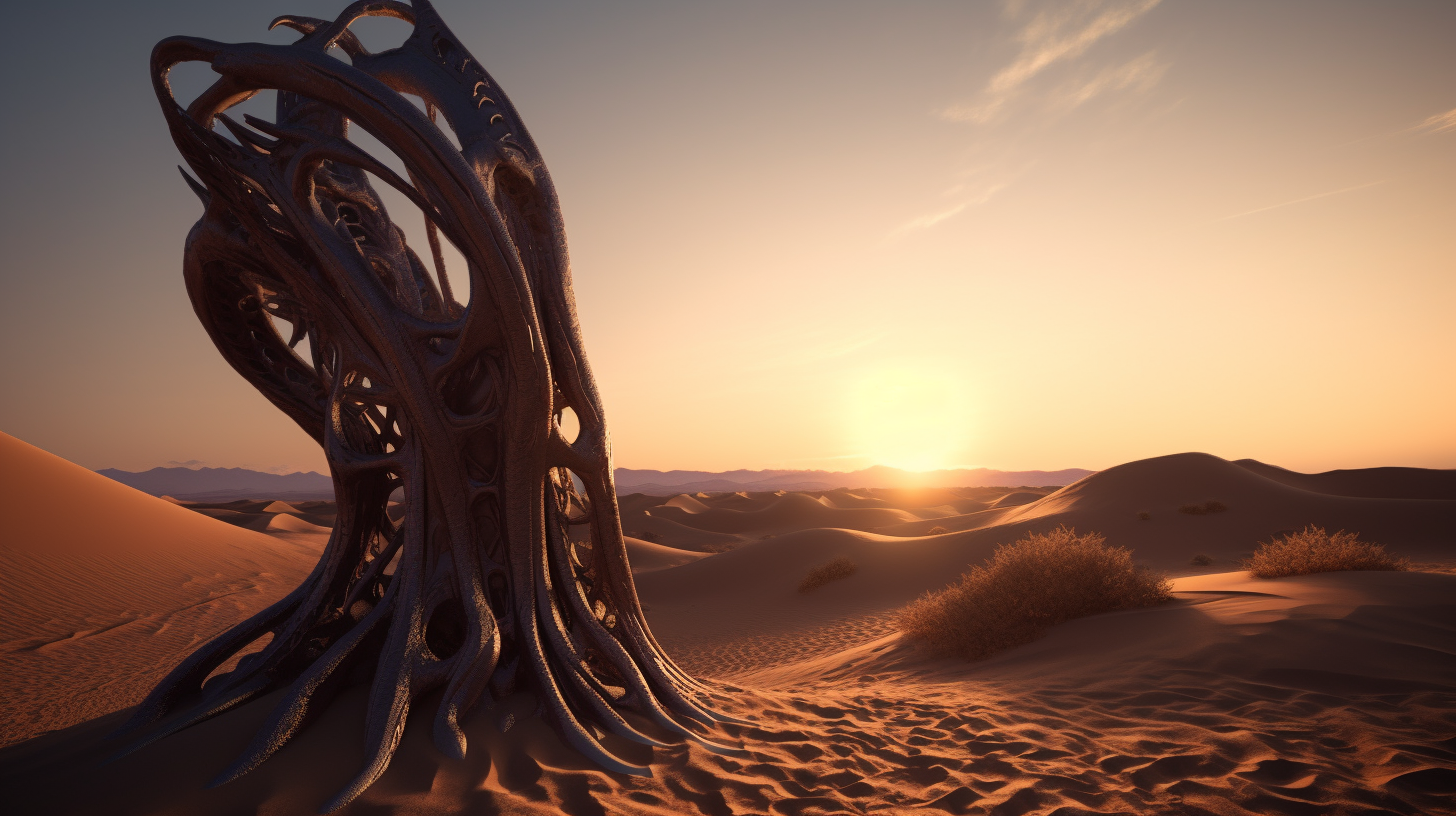 A realistic alien tentacle in a desert sunset.