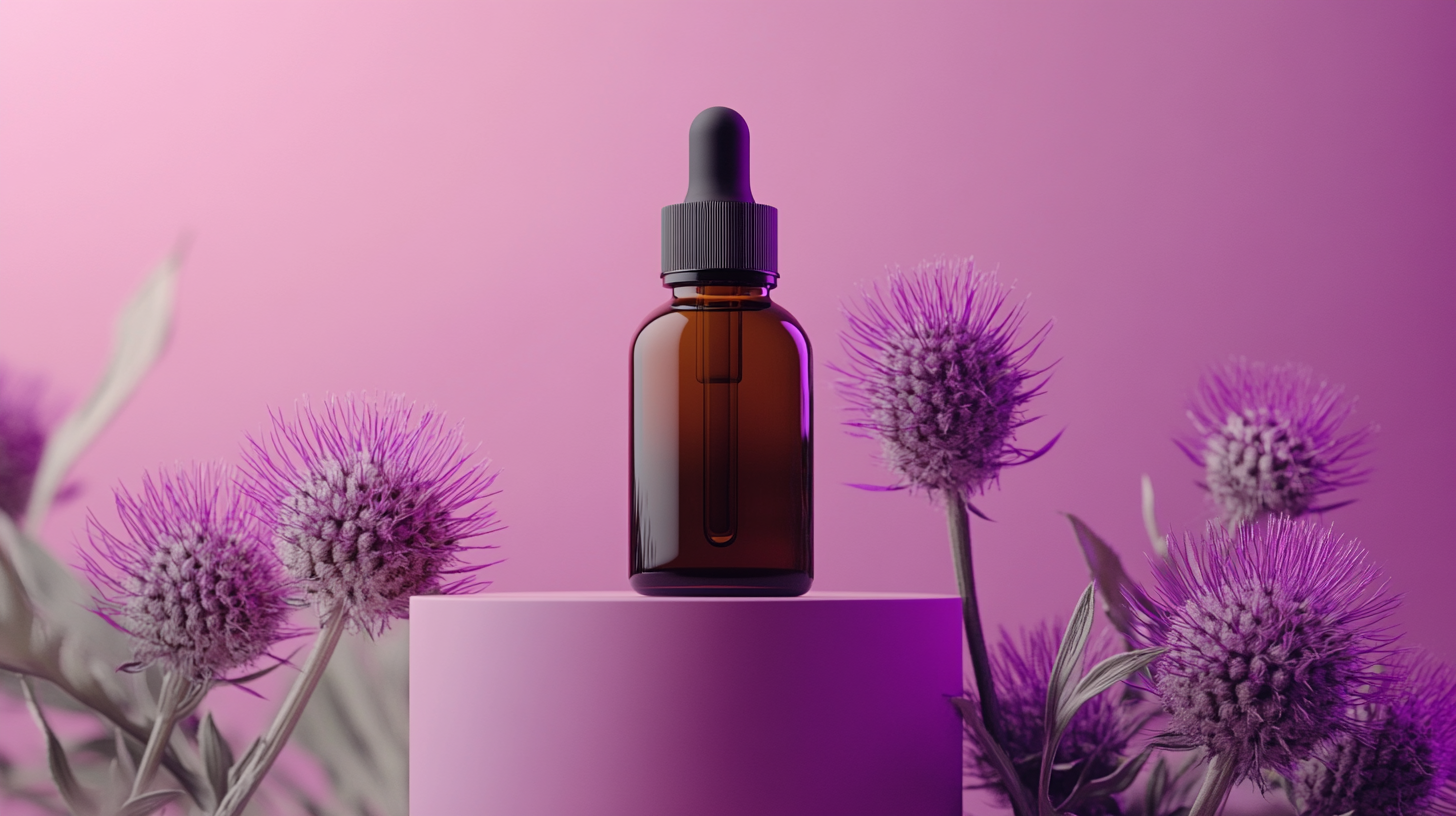 A realistic brown bottle with milk thistle flowers