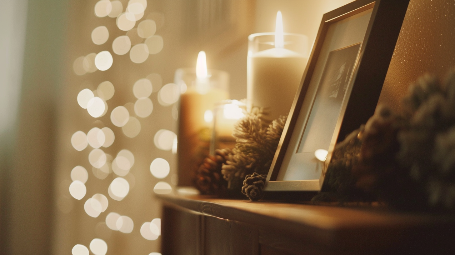 A realistic closeup of a photo frame on altar.