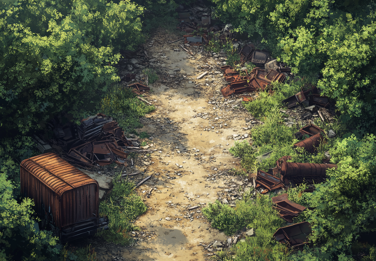 A realistic forest junkyard battlemap by a river.