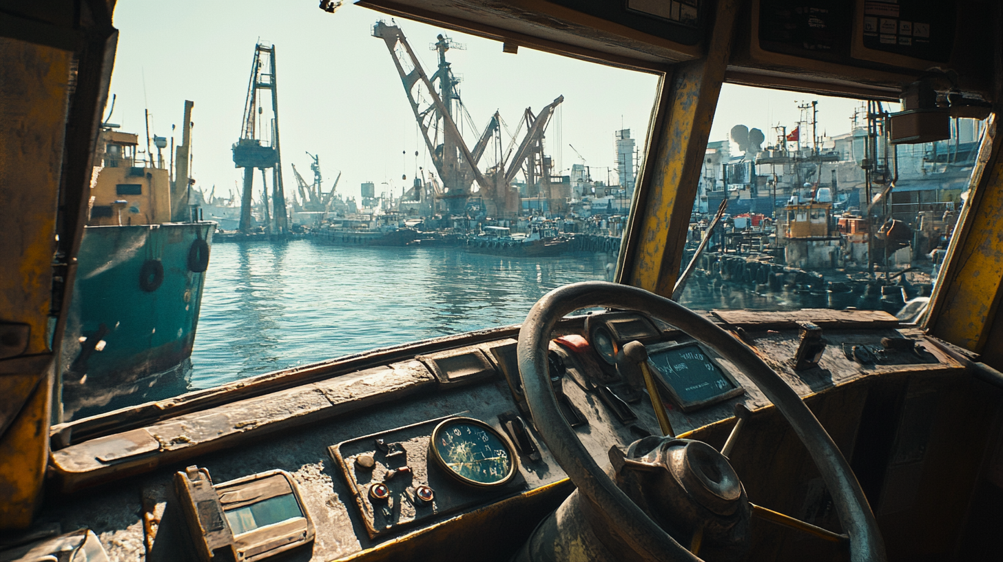 A realistic harbor scene through a ship window