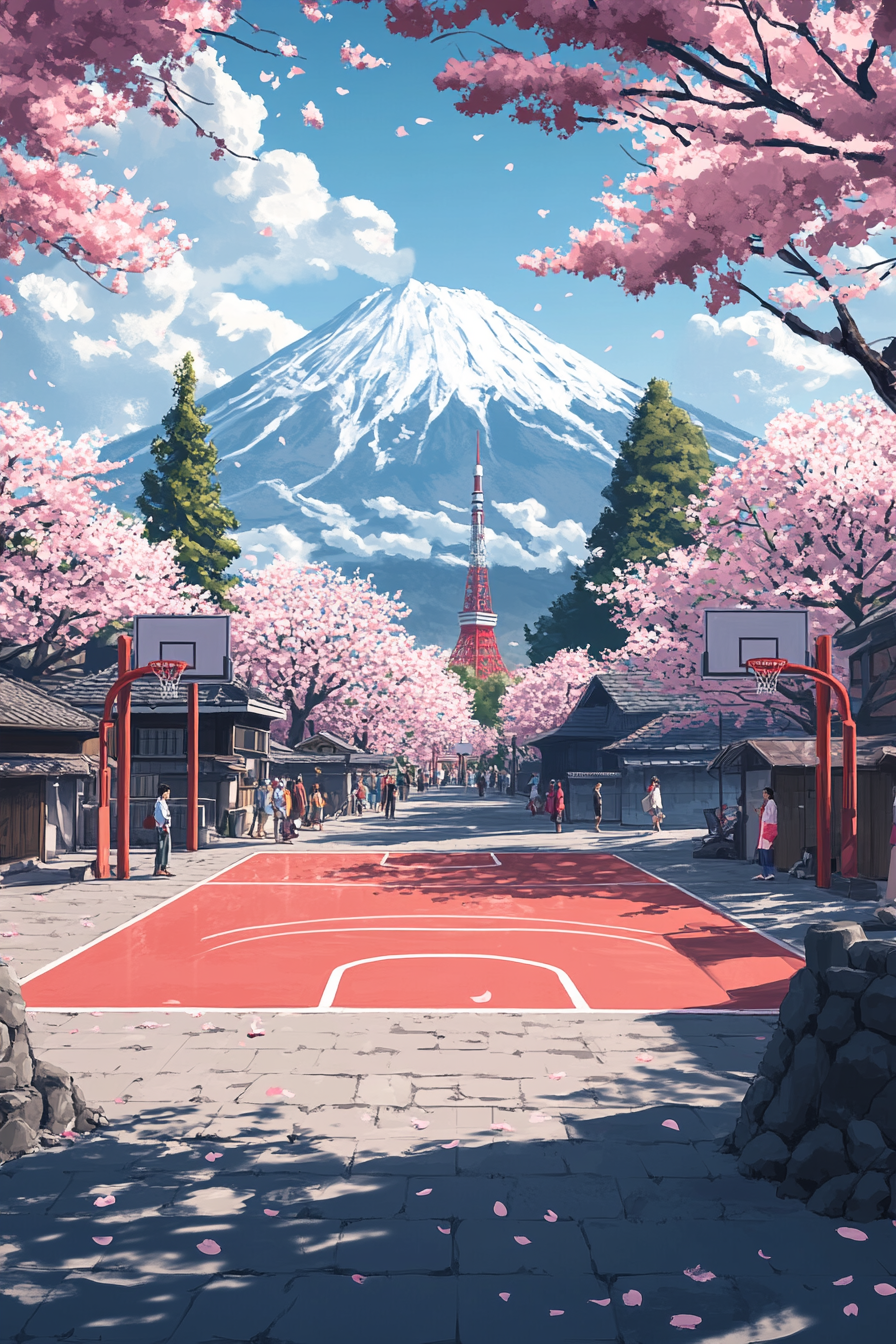 A realistic illustration of a Japanese basketball court scene.