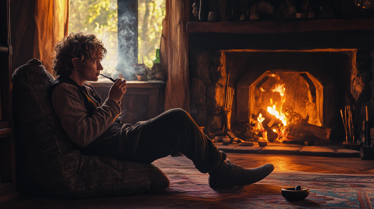 A realistic image of Bilbo Baggins by fireplace