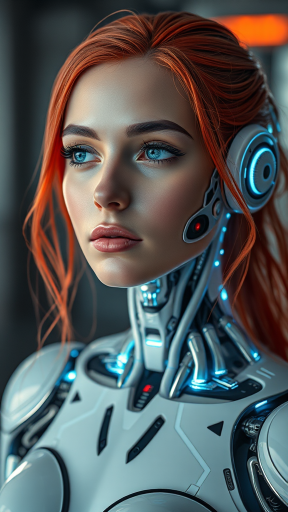 A realistic image of a blonde woman with robot parts.