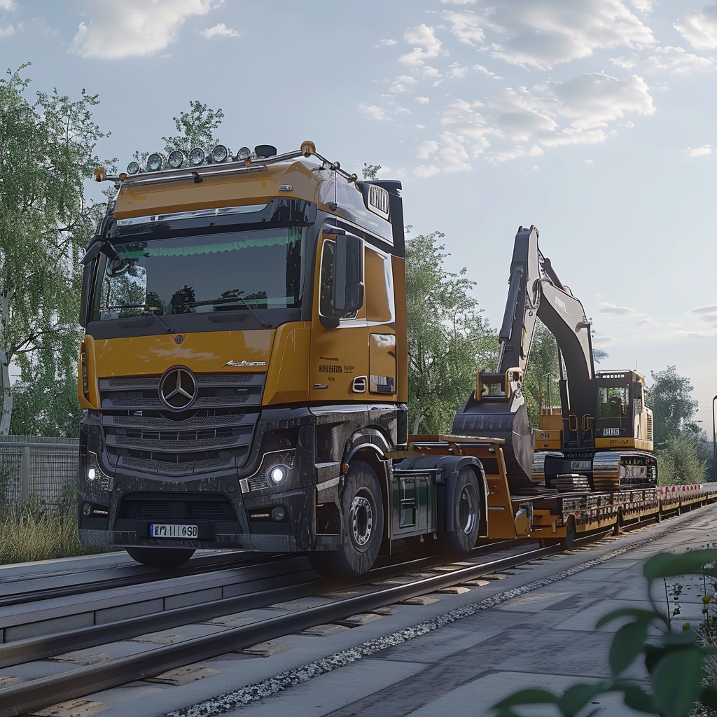 A realistic image of a truck transporting machine