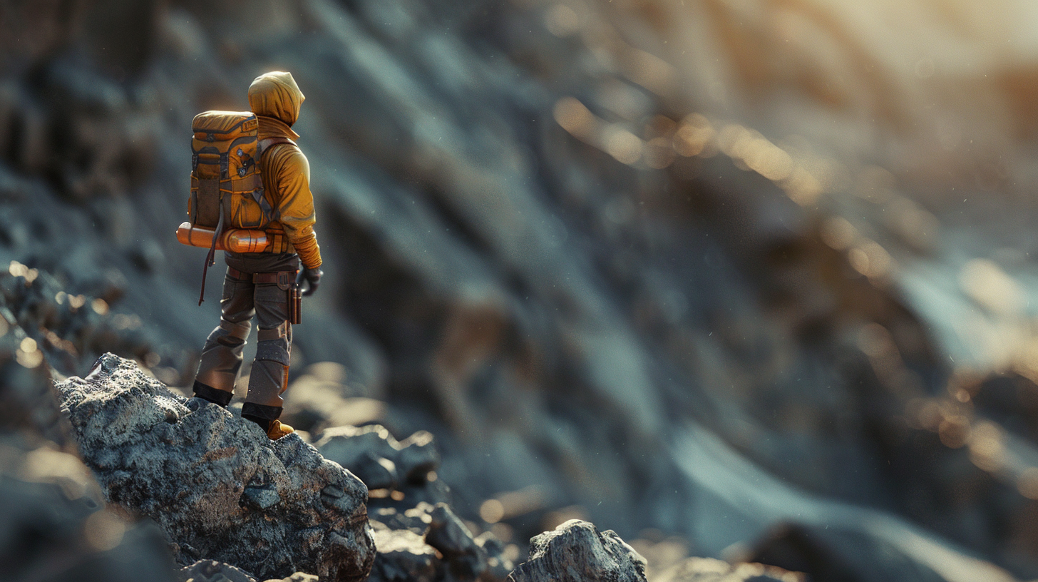 A realistic industrial mountaineer in vibrant natural light.