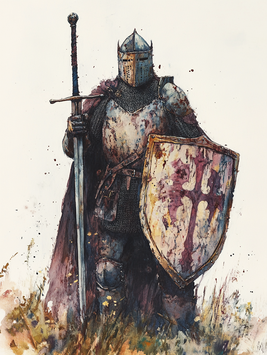 A realistic knight in 13th century with sword.