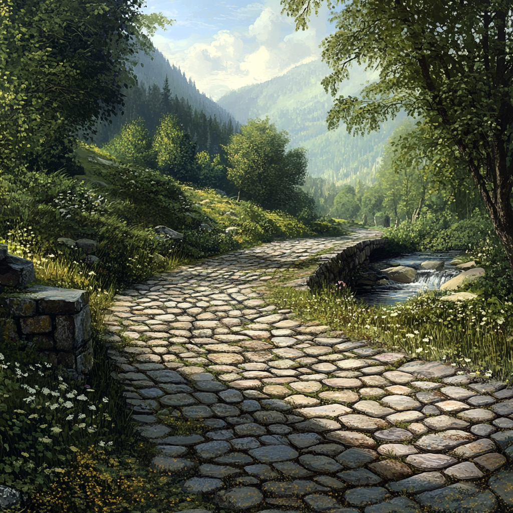 A realistic landscape with a cobblestone road crossing.