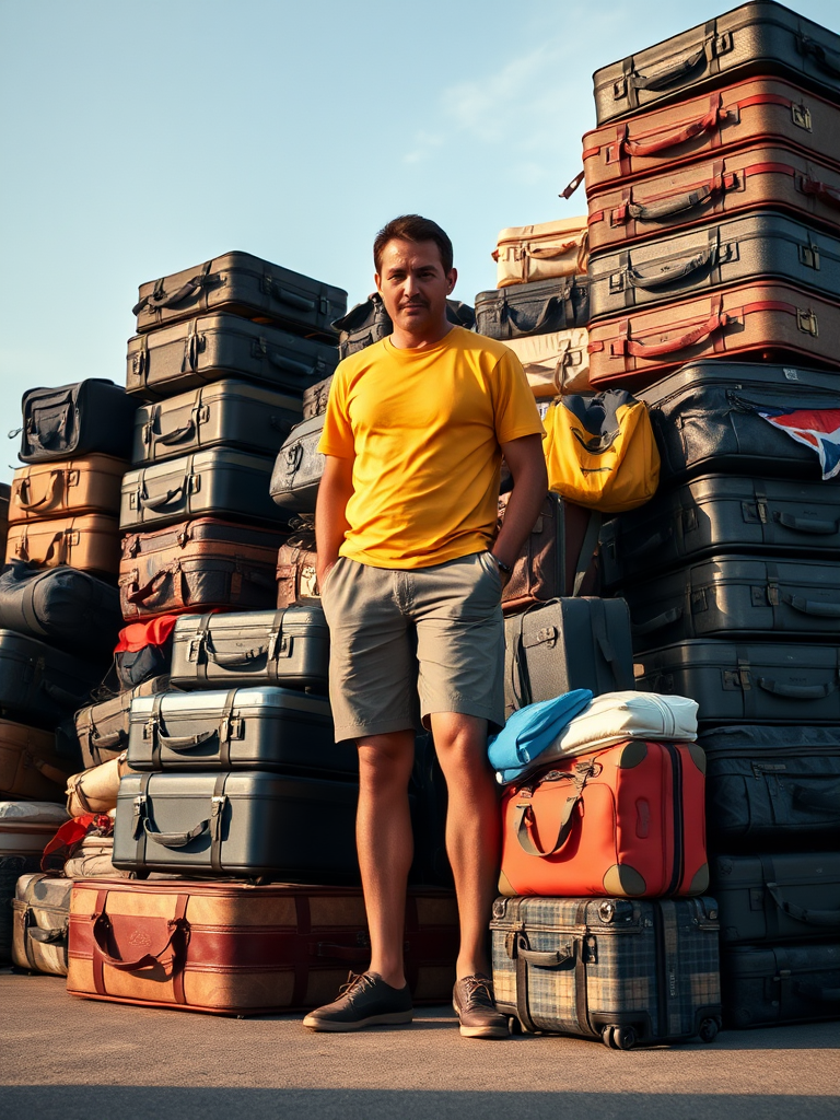 A realistic man is surrounded by many bags.