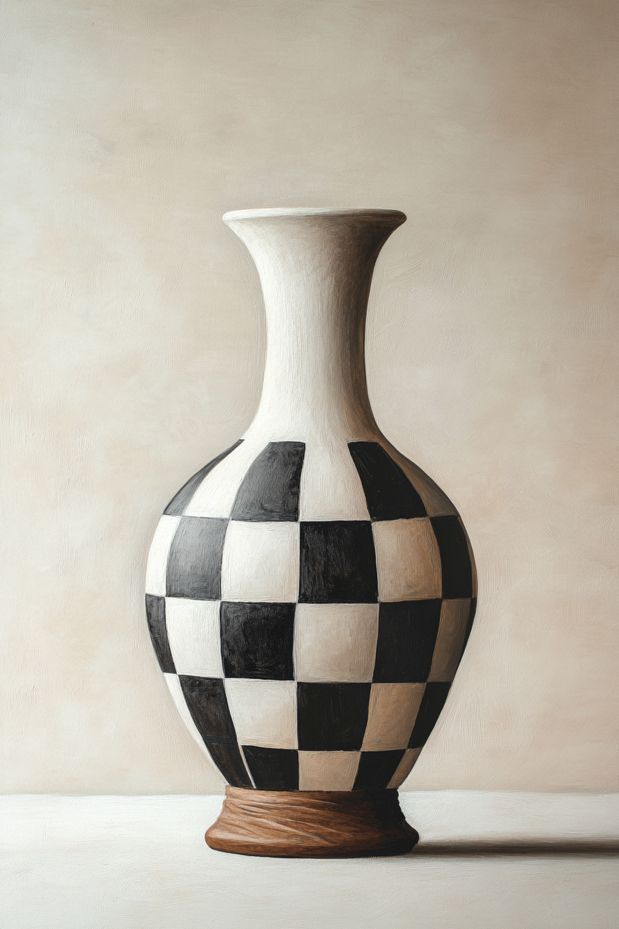 A realistic painting of a checkered vase on beige.