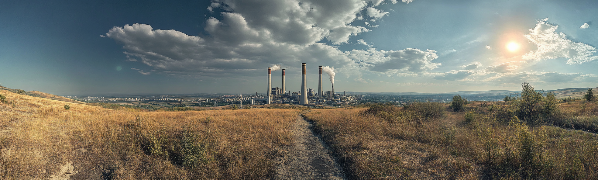 A realistic panoramic image of landscape with various energy sources.