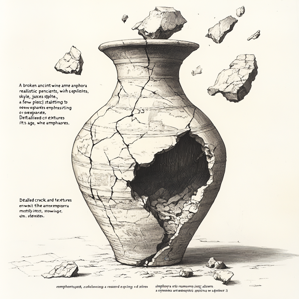 A realistic pencil sketch of a broken amphora