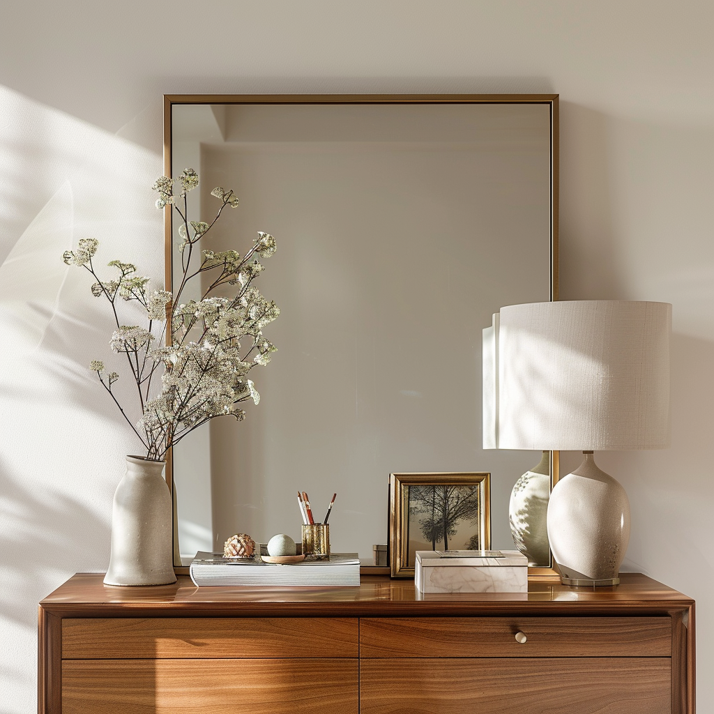 A realistic photo frame on a dresser with sunlight.