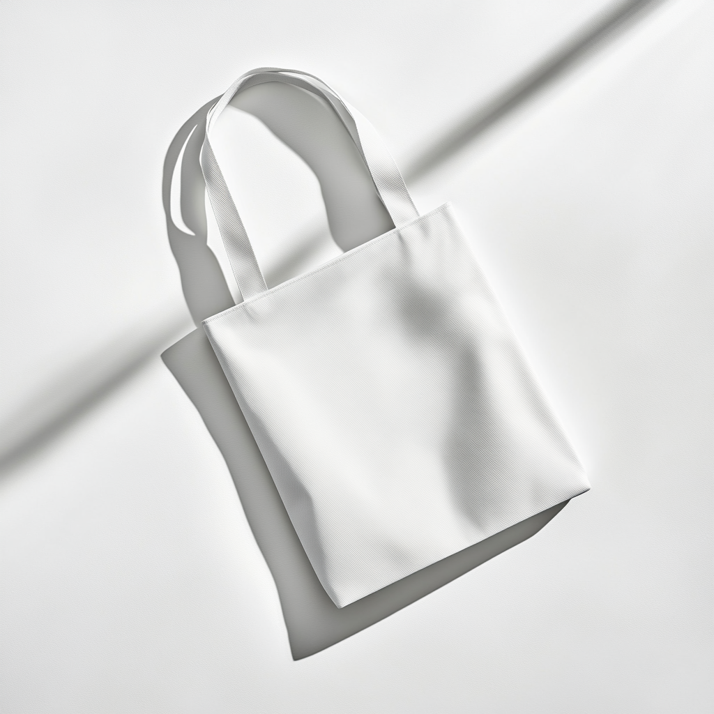 A realistic photo of white tote bag.