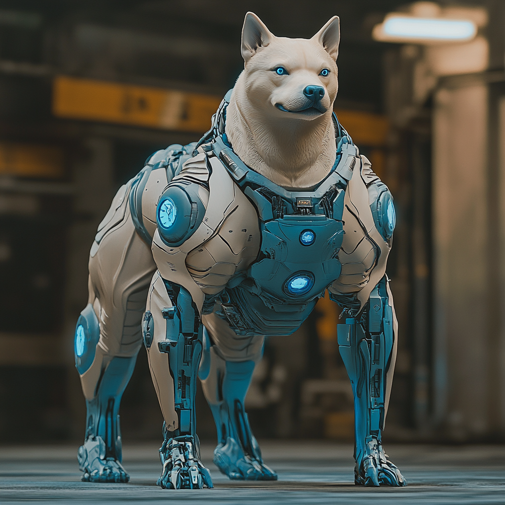 A realistic robotic shiba dog with human muscles.