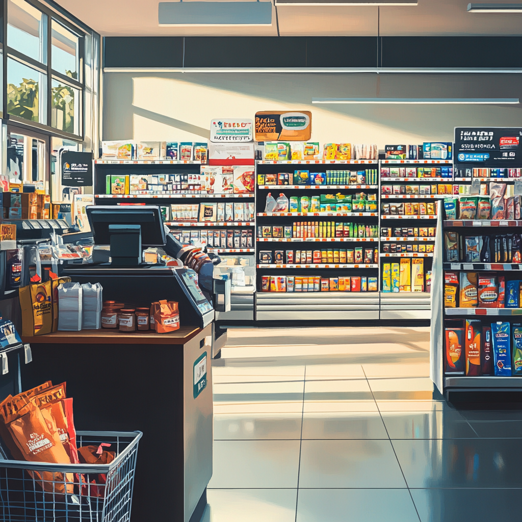 A realistic store interior at the checkout counter