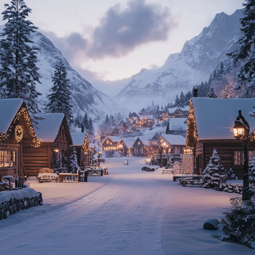 A realistic winter mountain village at dusk