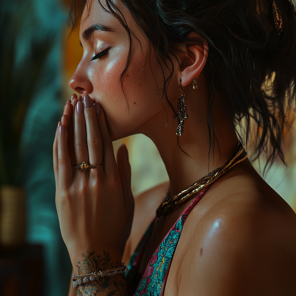 A realistic woman with hands covering mouth