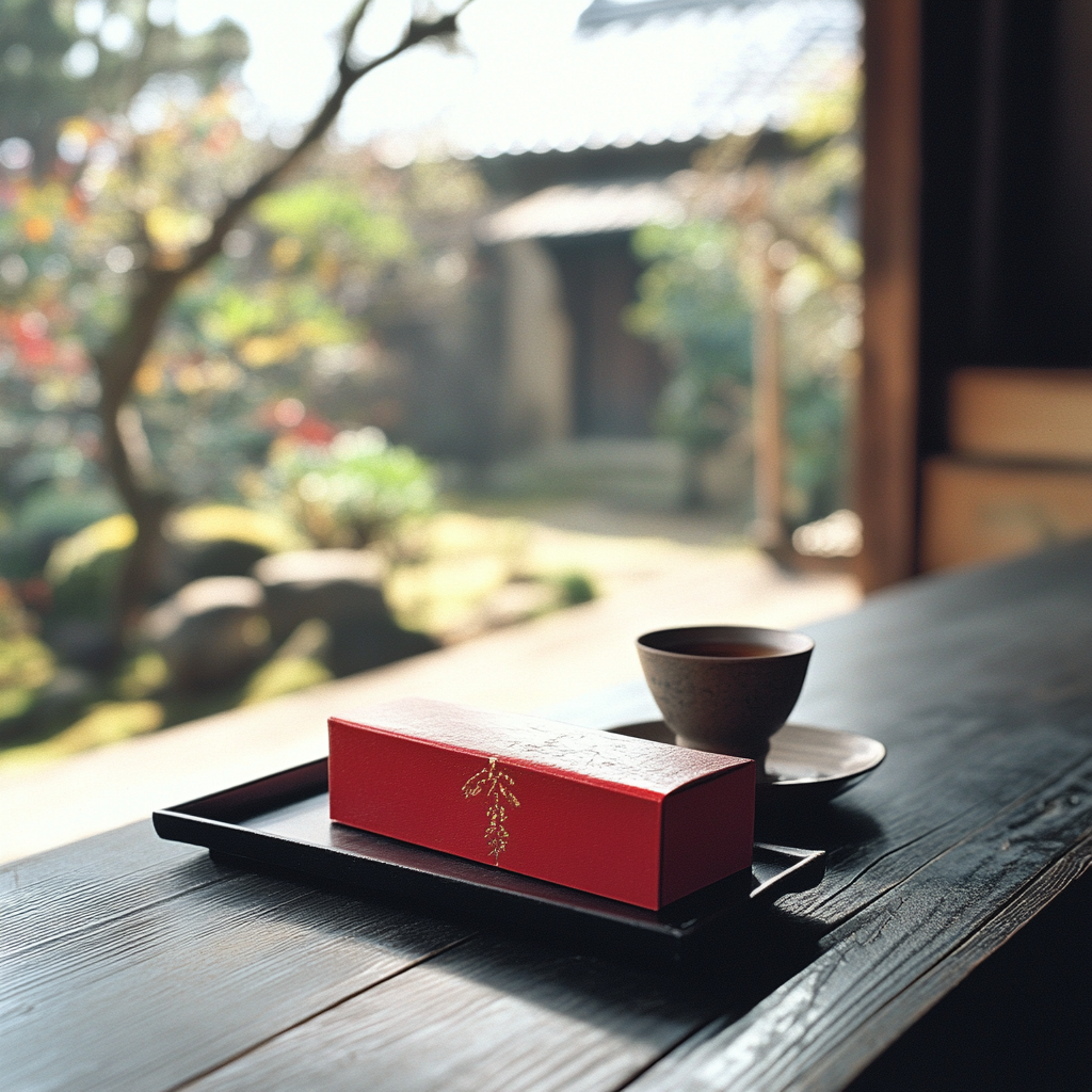 A red box with tea on a tray.