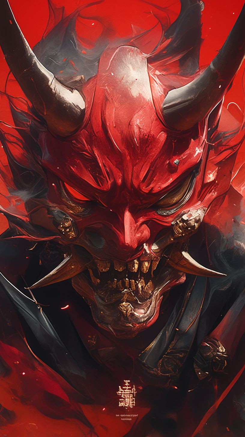 A red demon samurai with detailed hyper realistic features.