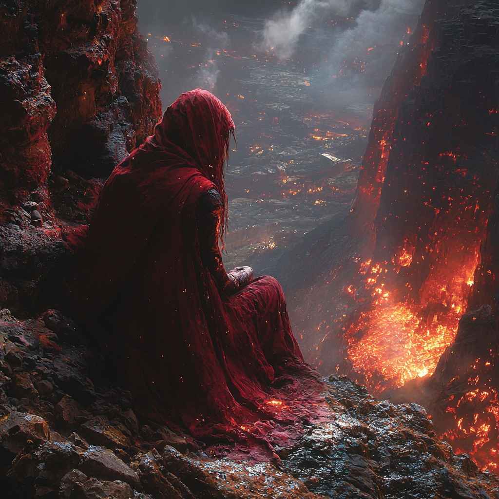 A red female djinn in dark cave with fire.