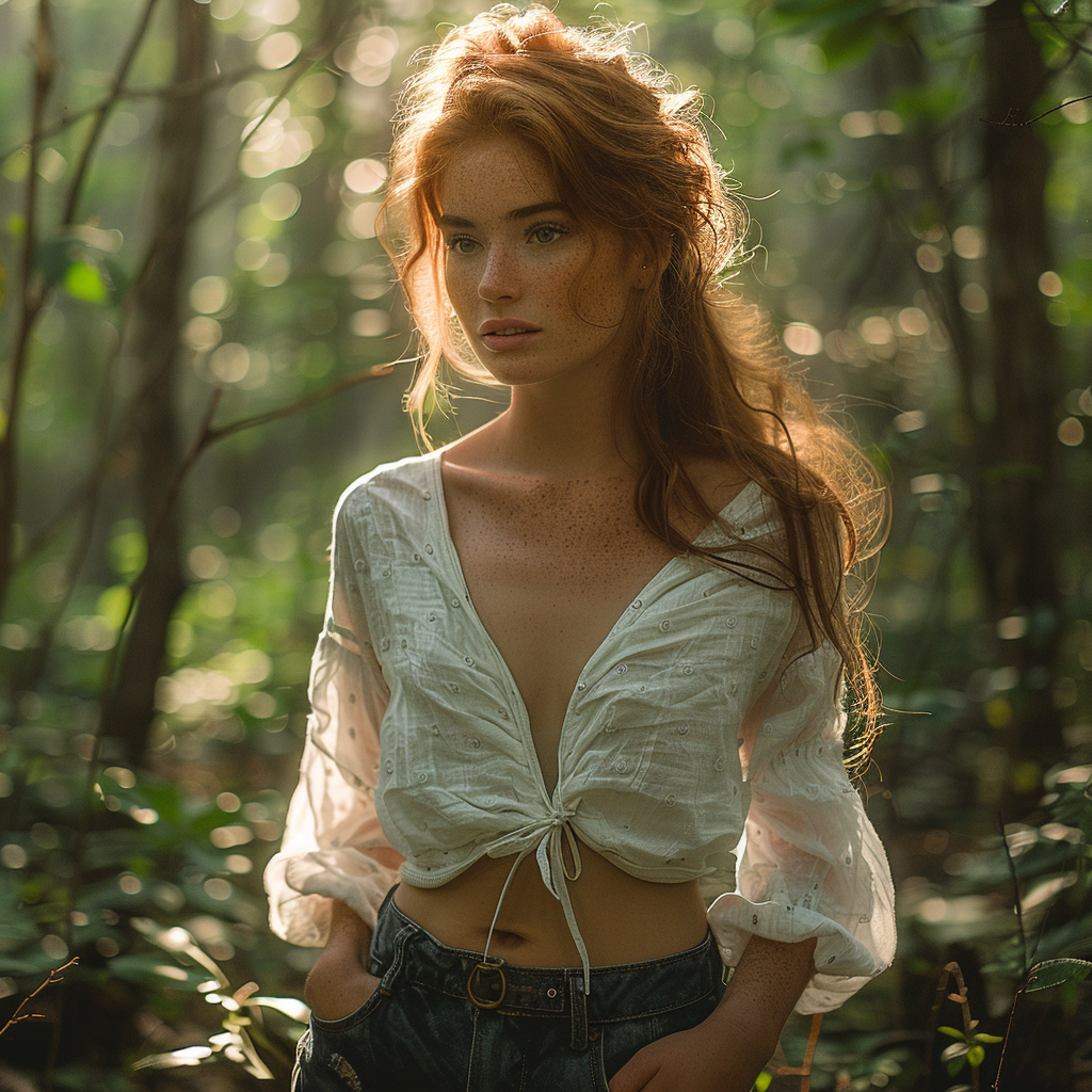 A red-haired woman in forest with detailed clothing.