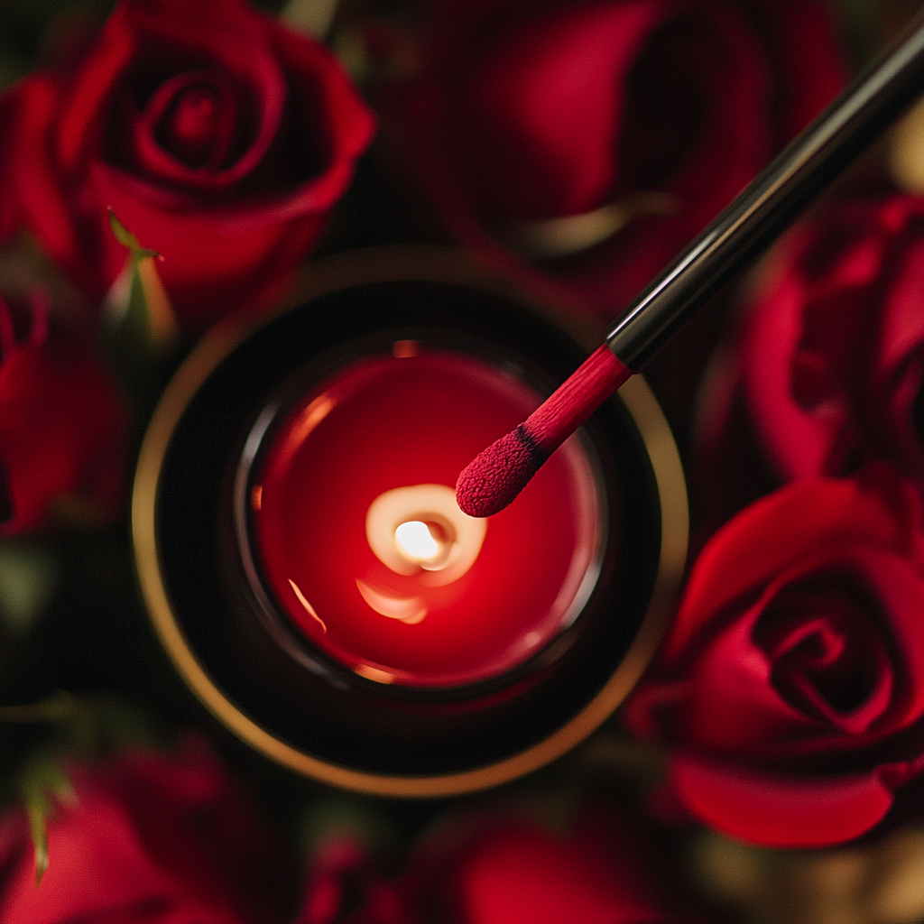 A red match lights candle with roses, elegant